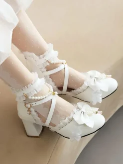 Sweet Lolita Sandals Bows Pearls Ruffles Round Toe PU Leather White Lolita Summer Shoes