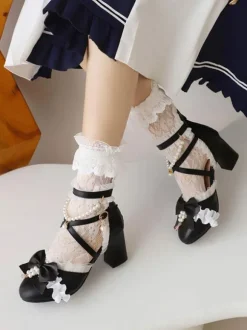 Sweet Lolita Sandals Bows Pearls Ruffles Round Toe PU Leather White Lolita Summer Shoes