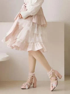 Sweet Lolita Sandals Bows Pearls Ruffles Round Toe PU Leather White Lolita Summer Shoes