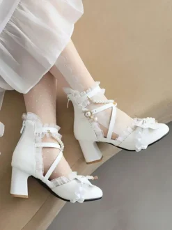 Sweet Lolita Sandals Bows Pearls Ruffles Round Toe PU Leather White Lolita Summer Shoes