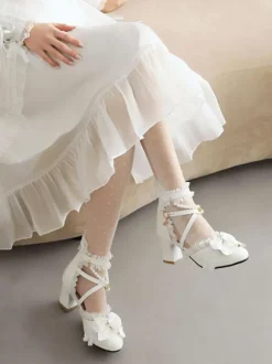Sweet Lolita Sandals Bows Pearls Ruffles Round Toe PU Leather White Lolita Summer Shoes