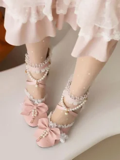 Sweet Lolita Sandals Bows Pearls Ruffles Round Toe PU Leather White Lolita Summer Shoes