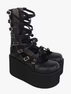 Sweet Lolita Sandals Lace up Round Toe PU Leather Black Lolita Summer Shoes