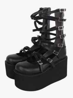 Sweet Lolita Sandals Lace up Round Toe PU Leather Black Lolita Summer Shoes