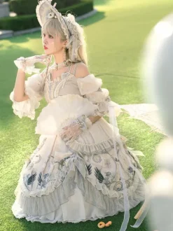 Sweet Lolita Wedding OP Dress Floral Print Light Gray Flowers Bows Lolita One Piece Dresses