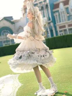 Sweet Lolita Wedding OP Dress Floral Print Light Gray Flowers Bows Lolita One Piece Dresses