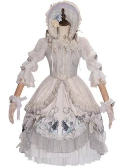 Sweet Lolita Wedding OP Dress Floral Print Light Gray Flowers Bows Lolita One Piece Dresses