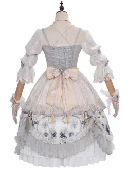 Sweet Lolita Wedding OP Dress Floral Print Light Gray Flowers Bows Lolita One Piece Dresses