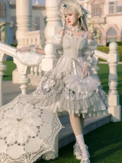 Sweet Lolita Wedding OP Dress Floral Print Light Gray Flowers Bows Lolita One Piece Dresses