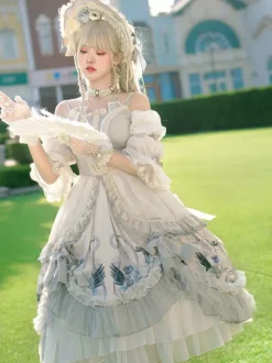 Sweet Lolita Wedding OP Dress Floral Print Light Gray Flowers Bows Lolita One Piece Dresses