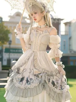 Sweet Lolita Wedding OP Dress Floral Print Light Gray Flowers Bows Lolita One Piece Dresses