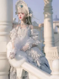 Sweet Lolita Wedding OP Dress Floral Print Light Gray Flowers Bows Lolita One Piece Dresses