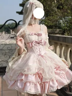 Sweet Ballet Lolita Dress Detachable Sleeve Lace Up Pink Jumper Skirt Dress With Choker