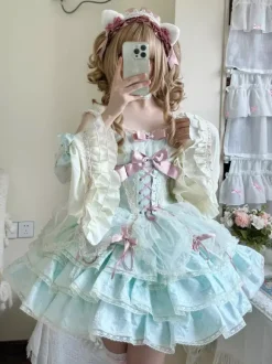 Sweet Ballet Lolita Dress Detachable Sleeve Lace Up Pink Jumper Skirt Dress With Choker