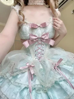 Sweet Ballet Lolita Dress Detachable Sleeve Lace Up Pink Jumper Skirt Dress With Choker