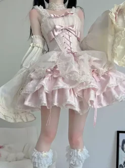 Sweet Ballet Lolita Dress Detachable Sleeve Lace Up Pink Jumper Skirt Dress With Choker