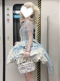 Sweet Ballet Lolita Dress Halter Sleeveless Ruffles Lace Up Blue Lolita Dress With Train