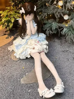 Sweet Ballet Lolita Dress Halter Sleeveless Ruffles Lace Up Blue Lolita Dress With Train