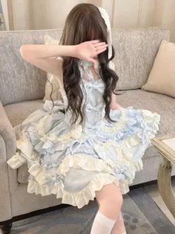 Sweet Ballet Lolita Dress Halter Sleeveless Ruffles Lace Up Blue Lolita Dress With Train