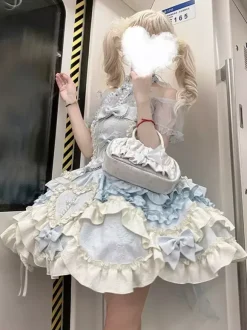 Sweet Ballet Lolita Dress Halter Sleeveless Ruffles Lace Up Blue Lolita Dress With Train