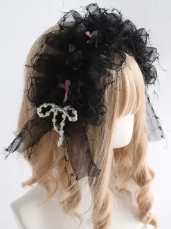 Sweet Lolita Accessories Black Pearls Bows Ruffles Headwear Miscellaneous