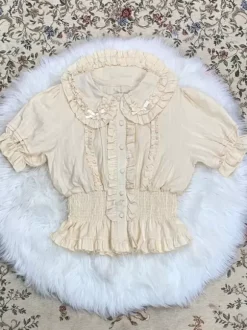 Sweet Lolita Blouses Ecru White Lolita Top Short Sleeves Pleated Ruffles Lolita Shirt