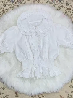 Sweet Lolita Blouses Ecru White Lolita Top Short Sleeves Pleated Ruffles Lolita Shirt