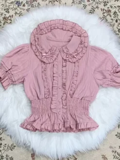 Sweet Lolita Blouses Ecru White Lolita Top Short Sleeves Pleated Ruffles Lolita Shirt