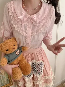 Sweet Lolita Blouses Lace Bows Lolita Top Short Sleeves Blouse Lace Black Lolita Shirt