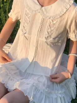 Sweet Lolita Blouses Lolita Top Ecru White Short Sleeves Bows Ruffles Lolita Shirt