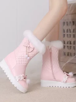 Sweet Lolita Boots PU Leather Round Toe Pink Lolita Footwear