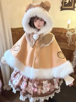Sweet Lolita Cape Plush Lined Christmas Hooded Cloak With Embroidery