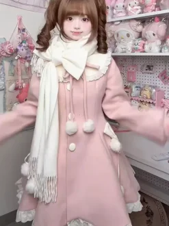 Sweet Lolita Coats Pink Pom Poms Overcoat Winter Lolita Coat With Scarf