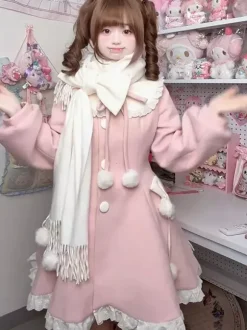 Sweet Lolita Coats Pink Pom Poms Overcoat Winter Lolita Coat With Scarf