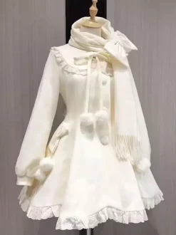 Sweet Lolita Coats Pink Pom Poms Overcoat Winter Lolita Coat With Scarf
