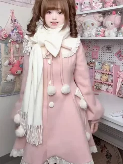 Sweet Lolita Coats Pink Pom Poms Overcoat Winter Lolita Coat With Scarf