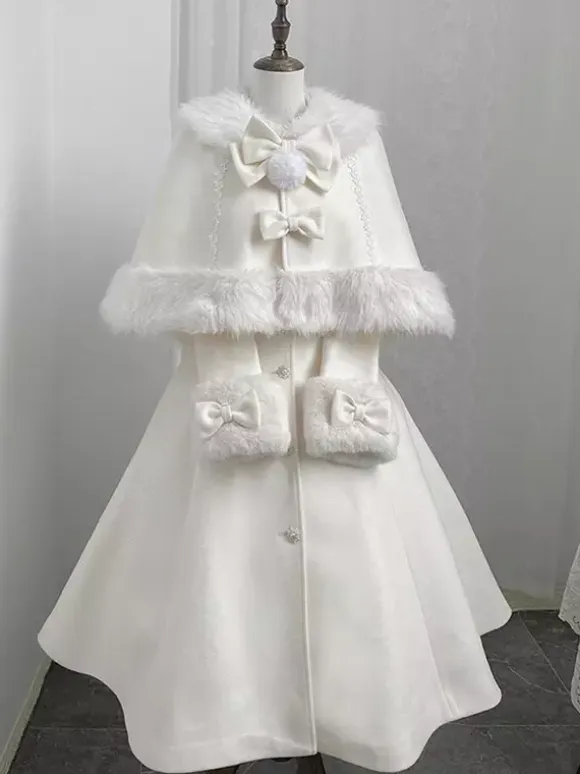 Sweet Lolita Coats White Bows Cloak Overcoat Poncho Winter Lolita Coat