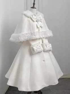 Sweet Lolita Coats White Bows Cloak Overcoat Poncho Winter Lolita Coat