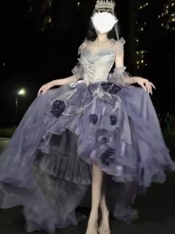 Sweet Lolita Dress Embroidery Bowknot Lace-Up High Low Dress Sleeveless Purple Mesh Slip Dress