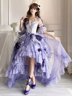 Sweet Lolita Dress Embroidery Bowknot Lace-Up High Low Dress Sleeveless Purple Mesh Slip Dress