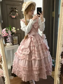 Sweet Lolita Dresses Lace Sash Ruffles JSK Tea Length Lolita Dress