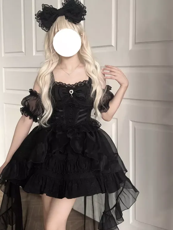 Sweet Lolita Dresses Lace Up Bows Slip Dress Mesh High Low Skirts