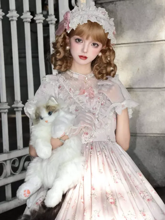 Sweet Lolita Dresses Pink Short Sleeves OP Floral Ruffles Lolita Dress For Summer