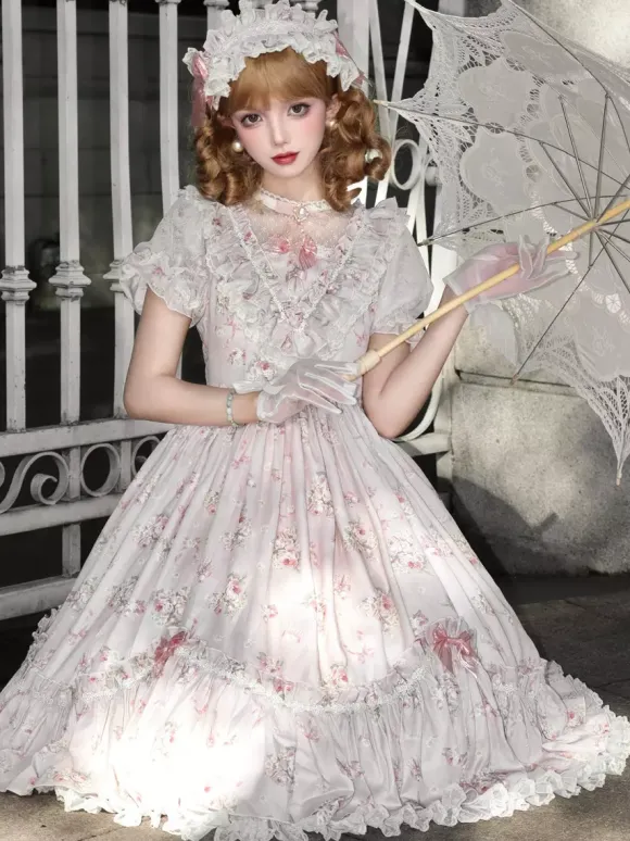 Sweet Lolita Dresses Pink Short Sleeves OP Floral Ruffles Lolita Dress For Summer