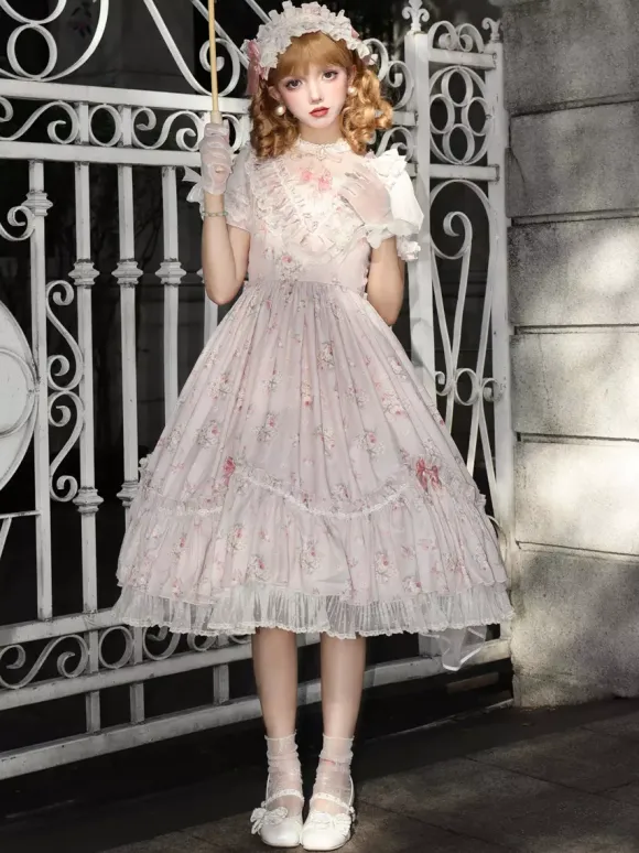Sweet Lolita Dresses Pink Short Sleeves OP Floral Ruffles Lolita Dress For Summer