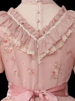 Sweet Lolita Dresses Pink Short Sleeves OP Floral Ruffles Lolita Dress For Summer