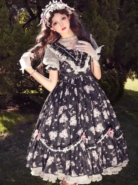 Sweet Lolita Dresses Pink Short Sleeves OP Floral Ruffles Lolita Dress For Summer