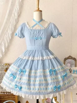 Sweet Lolita Dress Light Sky Blue Short Sleeves Ruffles Casual Daily Dress Polyester Kawaii Fashion