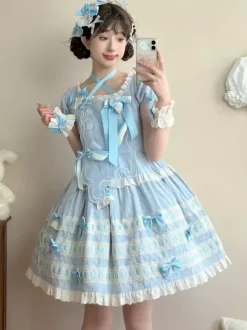 Sweet Lolita Dress Light Sky Blue Short Sleeves Ruffles Casual Daily Dress Polyester Kawaii Fashion