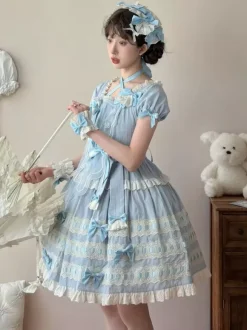 Sweet Lolita Dress Light Sky Blue Short Sleeves Ruffles Casual Daily Dress Polyester Kawaii Fashion